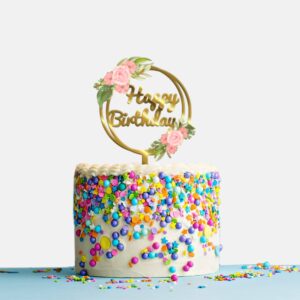 Happy Birthday Acrylic Cake Topper Frame Floral, Size - Medium